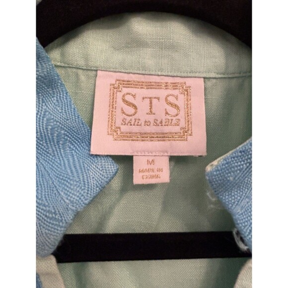 Sail To Sable Blue Green Preppy Resort Dress Size medium 100% linen elevated - Picture 3 of 9